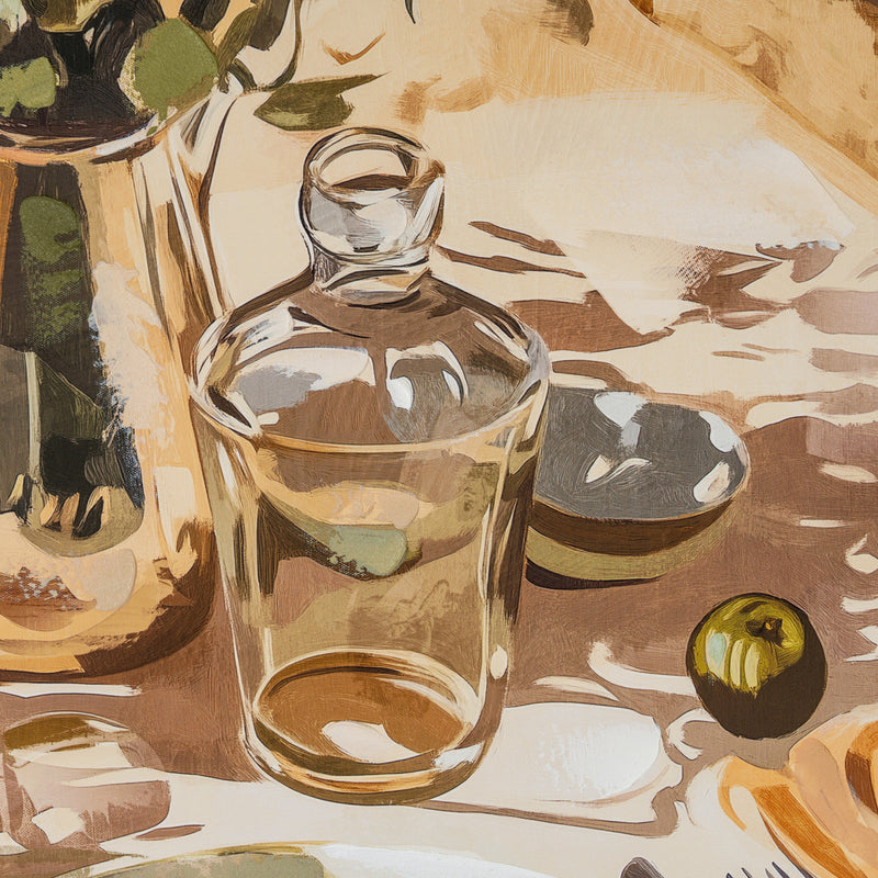 Close-up of the painted glass carafe and fruit