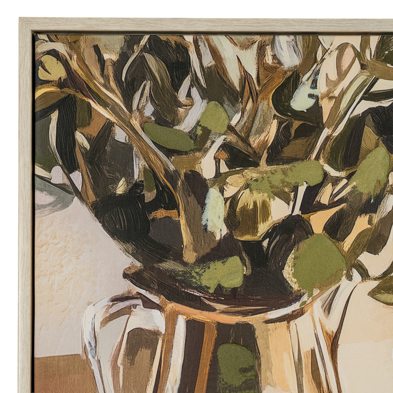 Close-up of the painted vase of green stems