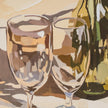 Close-up of the painted wine glasses and bottle