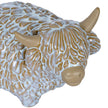Close-up of the Highland cow's face, horns and textured coat
