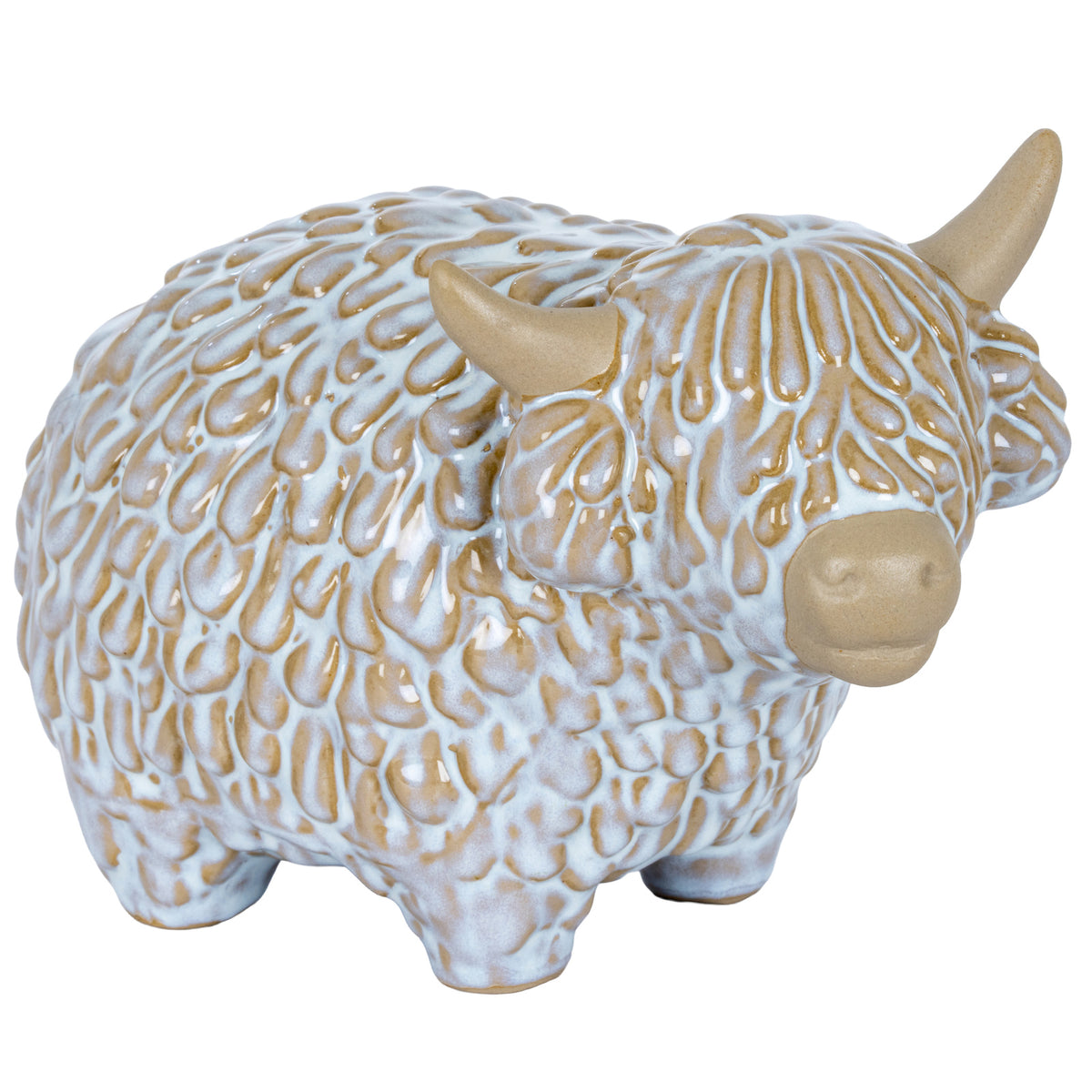 Ceramic Highland cow ornament, front three-quarter view