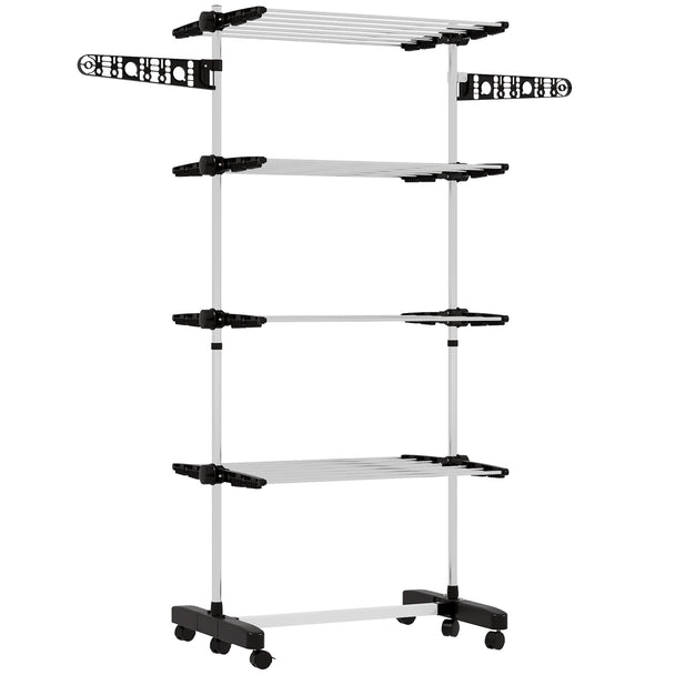 Black 4-tier folding clothes airer with two side wings and six wheels