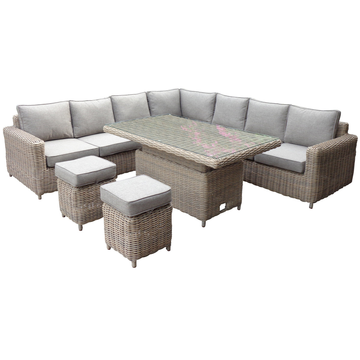 Amalfi wicker corner sofa set with riser table and two stools