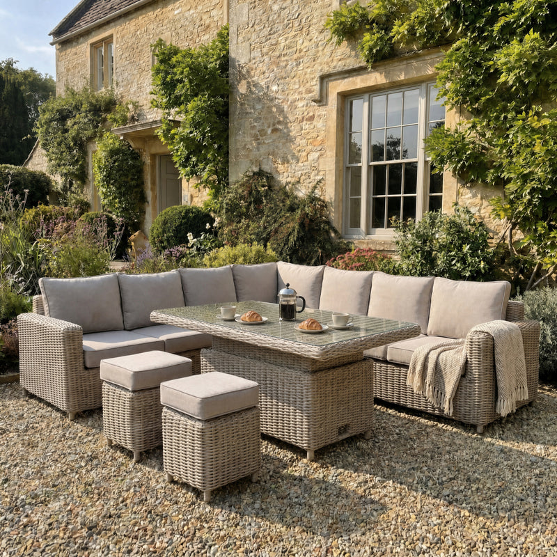 Amalfi corner sofa set on a gravel terrace beside a stone house