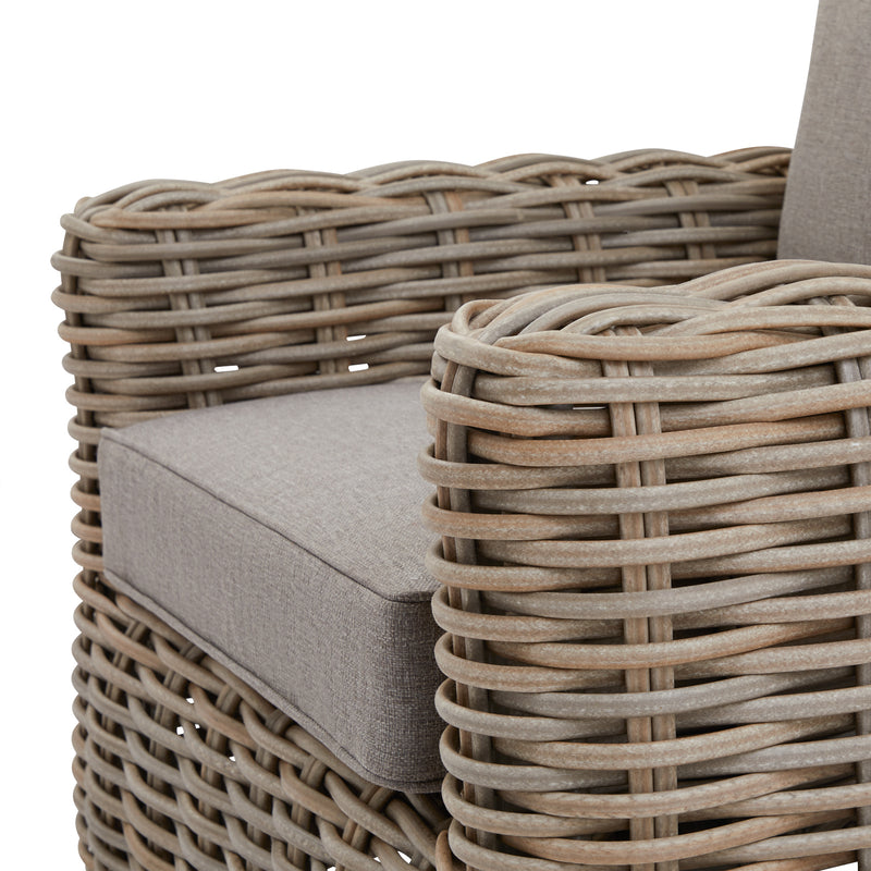 close-up of the chunky round wicker weave and cushion