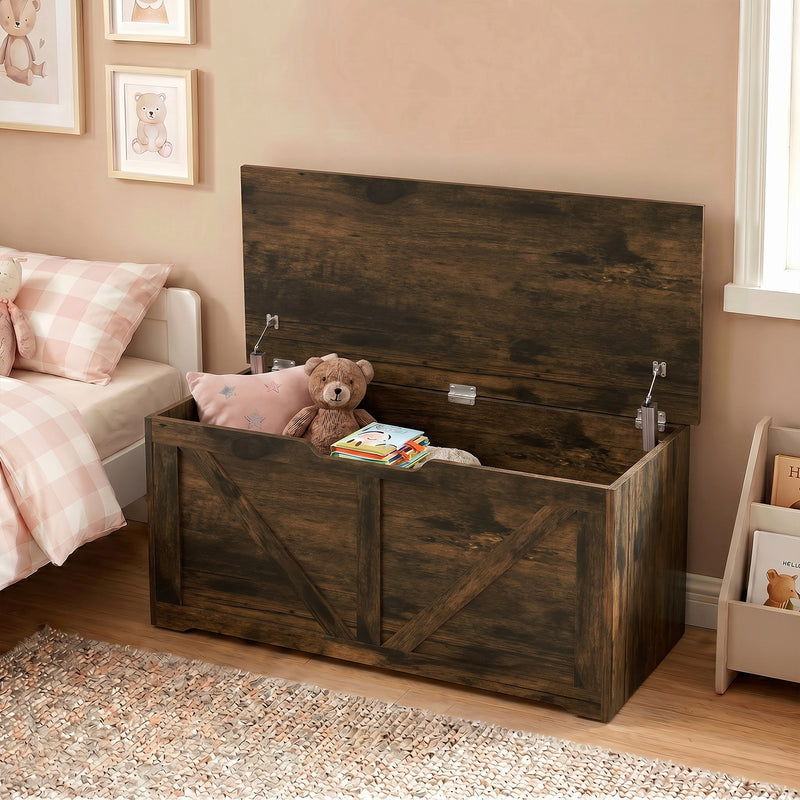 HOMCOM 127L Home Storage Box, with Safety Hinges - Rustic Brown Wood-Effect – view 8