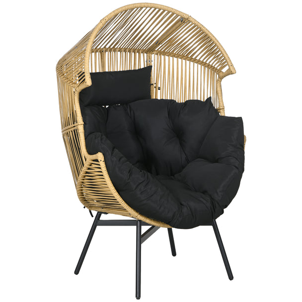 Sand string rattan egg chair on black frame with thick seat cushion and headrest