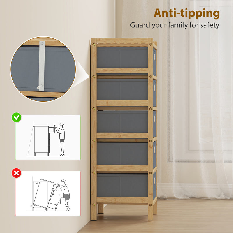 HOMCOM Chest of Drawers, 5 Fabric Drawers Narrow Dresser with Bamboo Frame, Light Grey – view 8
