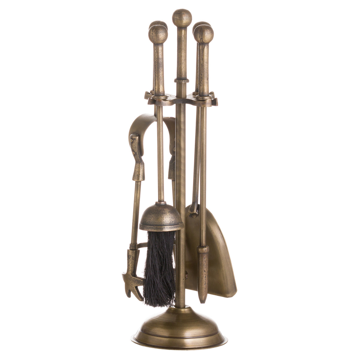 Antique brass ball-top companion set, front view