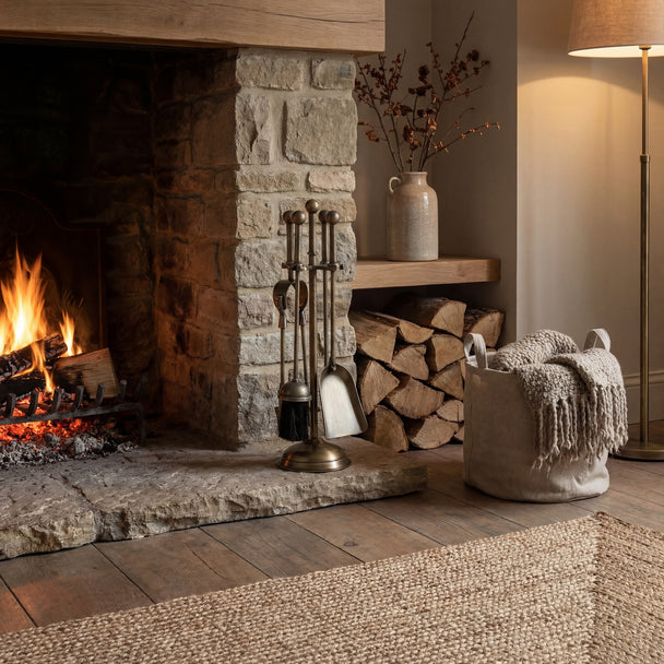 Antique brass companion set beside a lit stone fireplace