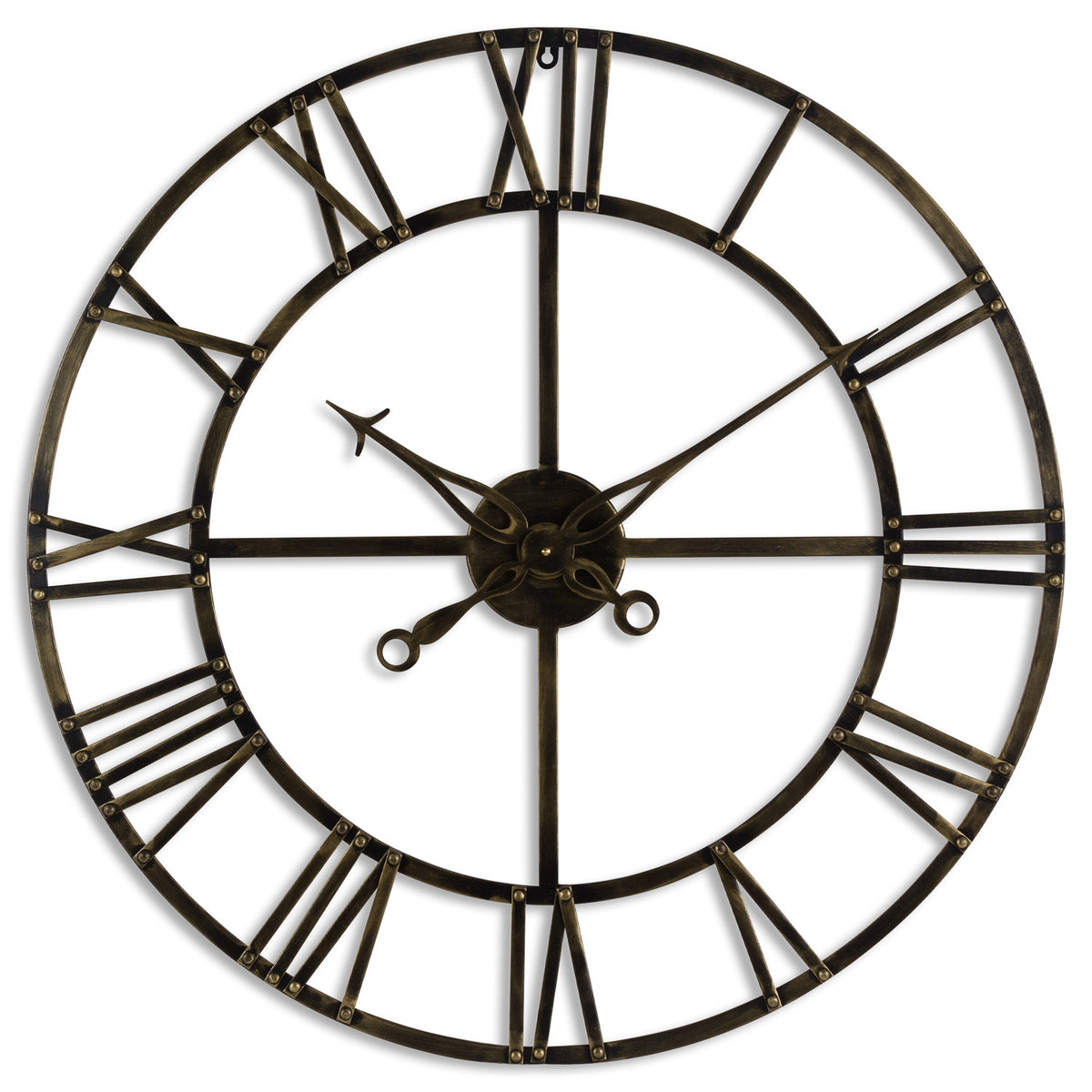 Antique brass skeleton wall clock, front view
