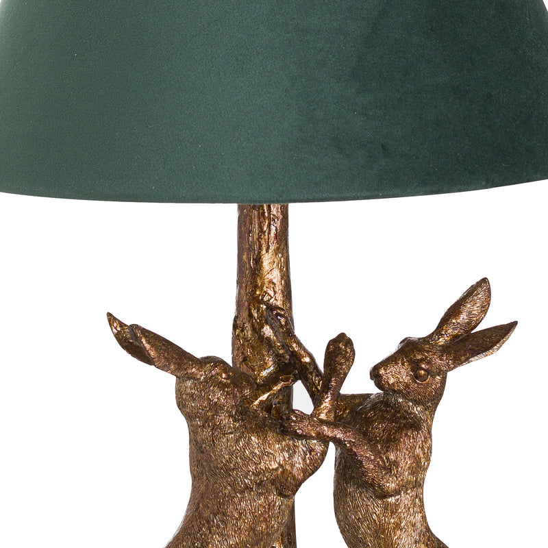 Antique Gold Marching Hares Lamp with Green Velvet Shade, additional product view 3