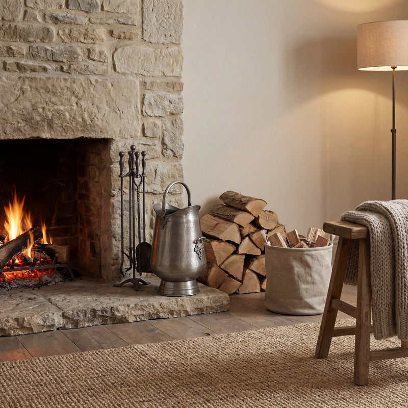 Pewter coal bucket beside a lit stone fireplace
