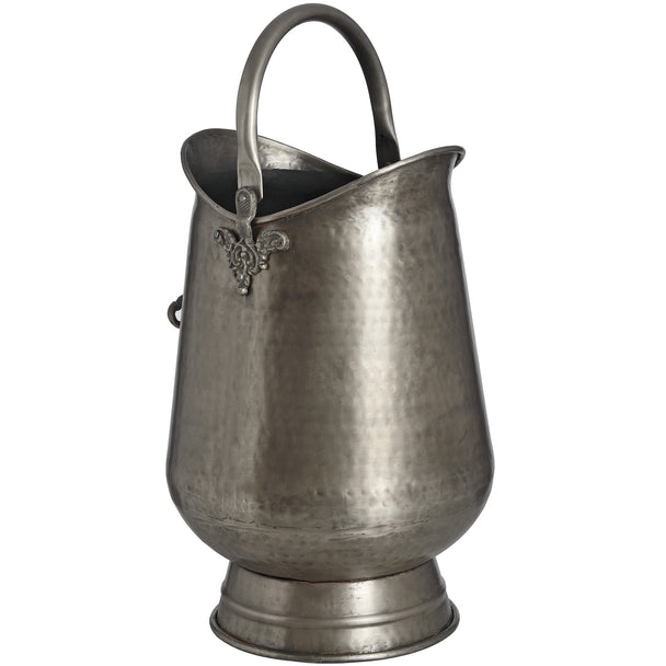 Antique pewter coal bucket from the handle side
