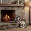 Pewter coal bucket next to a lit stone fireplace