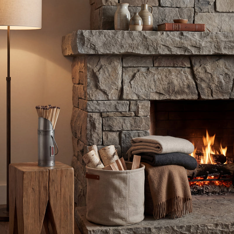 Pewter match holder beside a stone fireplace
