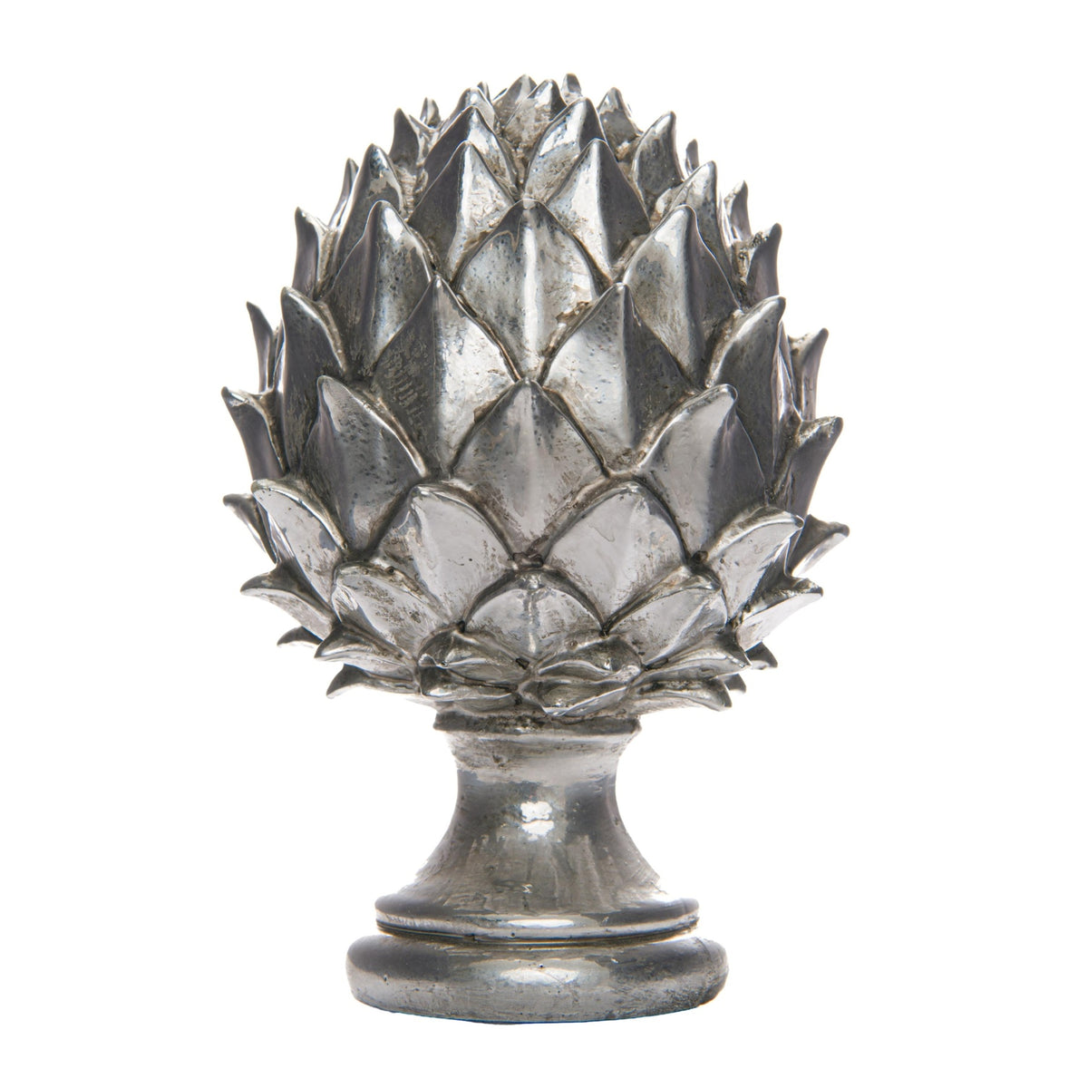 Antique silver ceramic pinecone finial on white