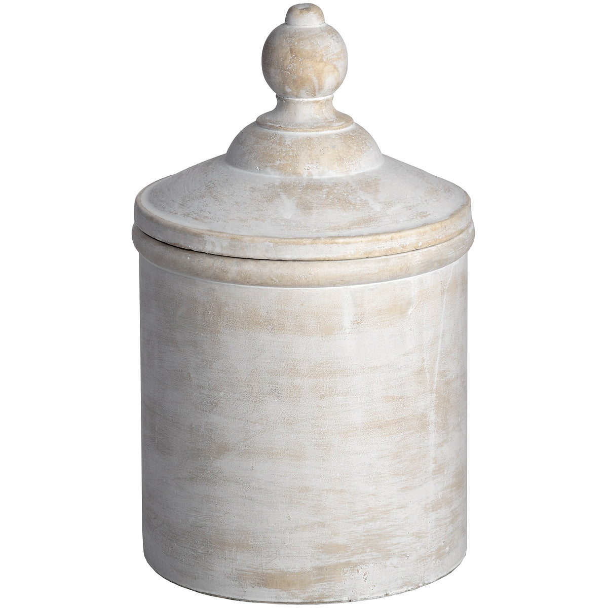 Antique white stone canister with lid on white
