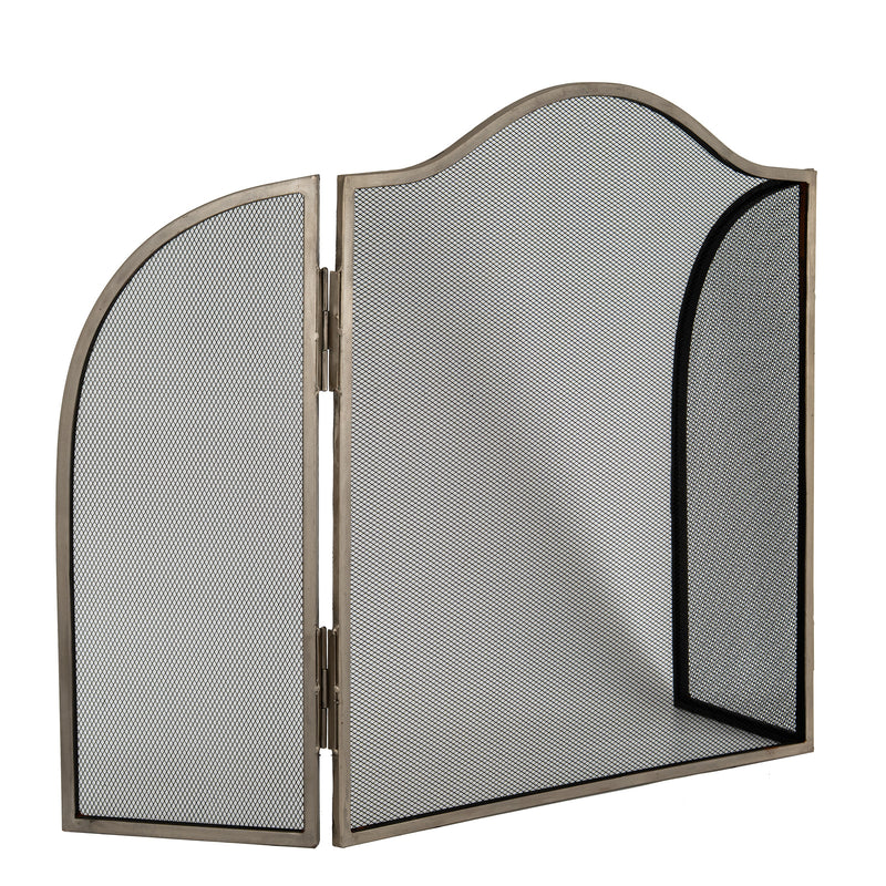 Antiqued silver fire screen with side panels angled back