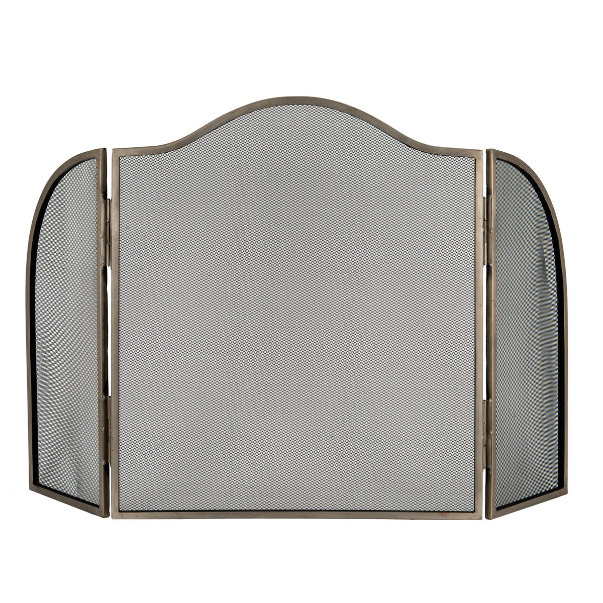 Antiqued silver three-panel fire screen, front view