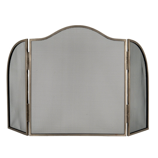 Antiqued silver three-panel fire screen, front view