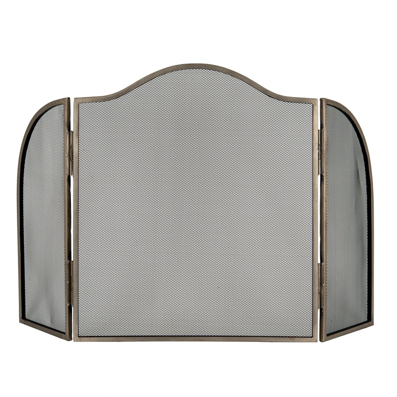 Antiqued silver three-panel fire screen, front view