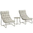 Light grey bistro set with two cushioned texteline lounge chairs and round steel table