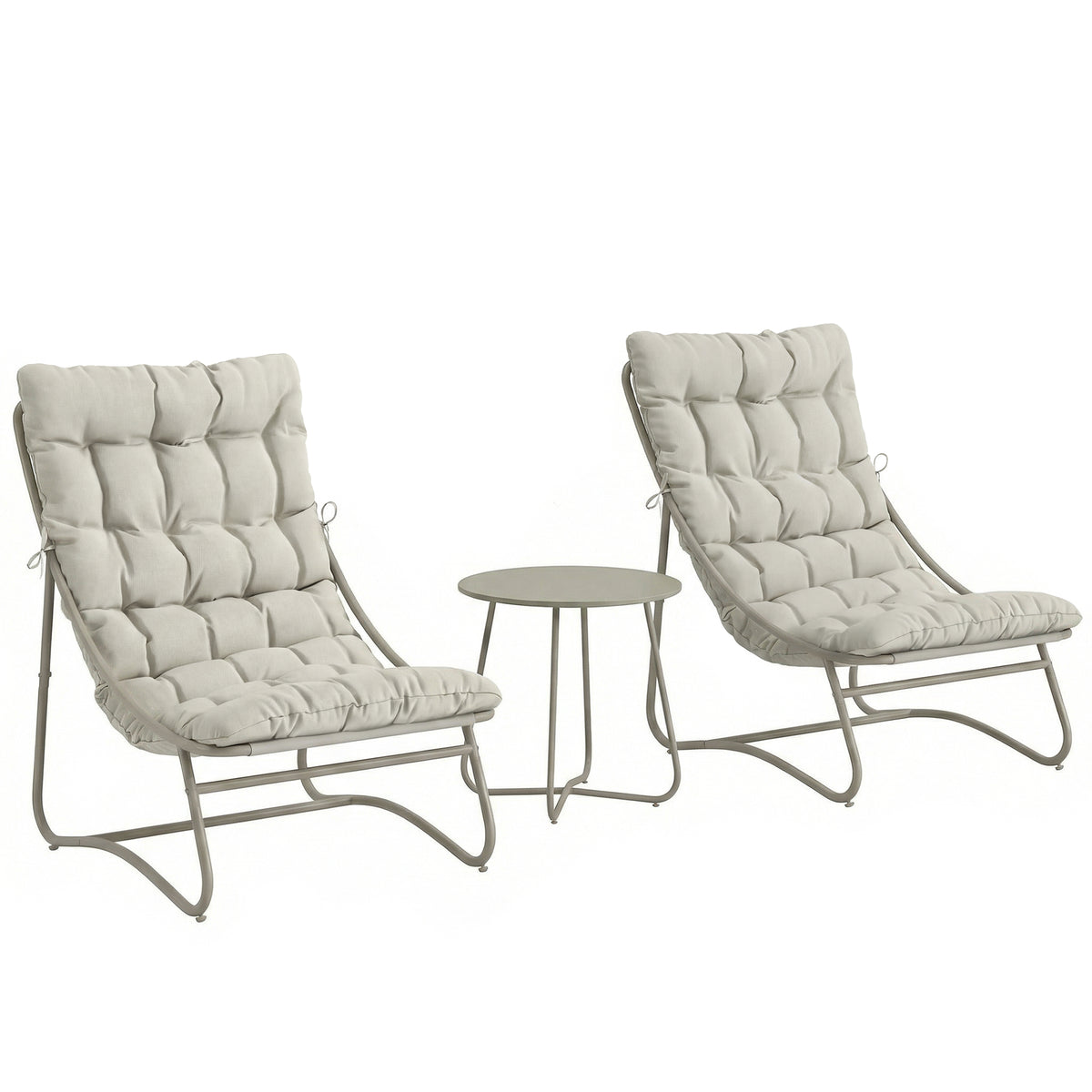 Light grey bistro set with two cushioned texteline lounge chairs and round steel table