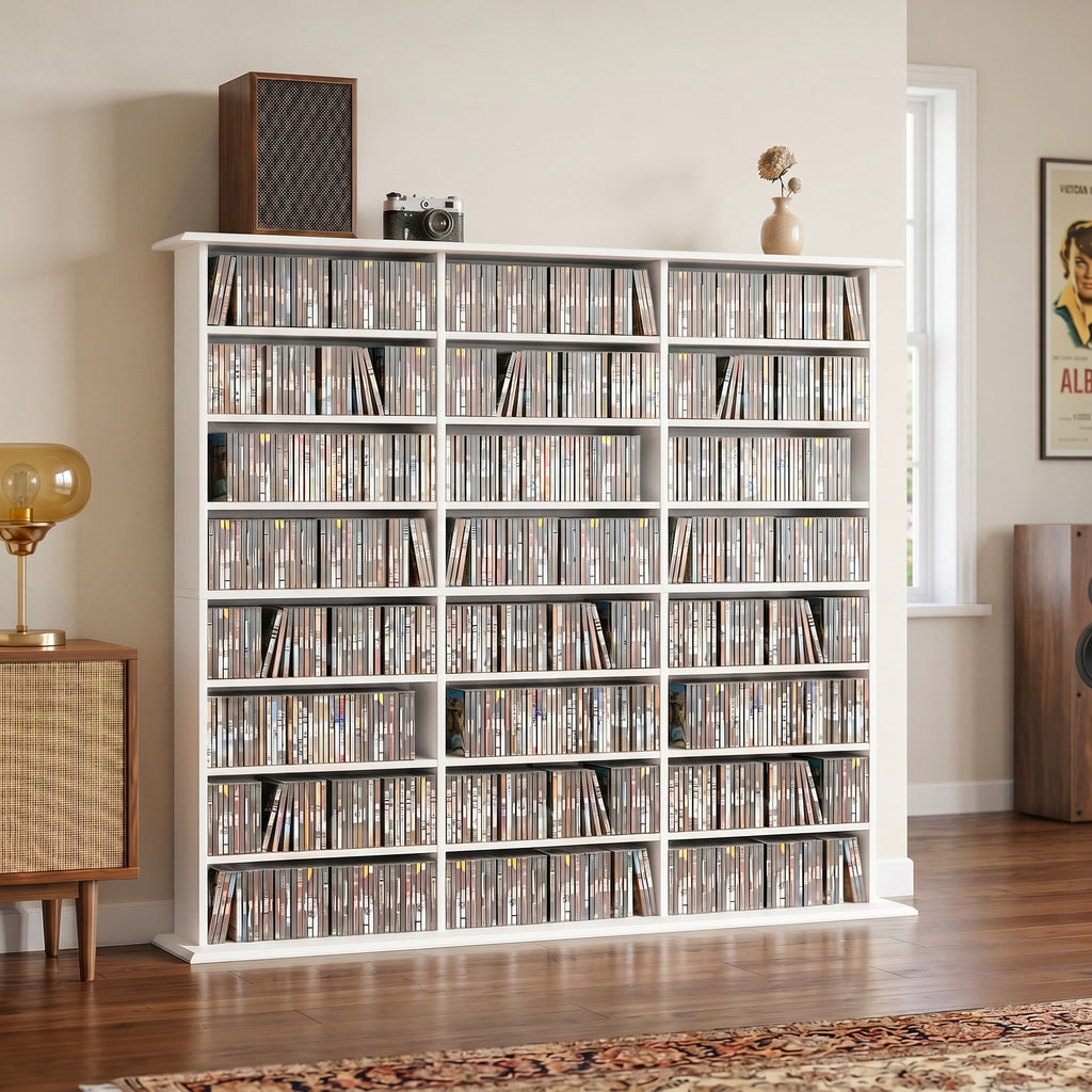 1032 CD/594 DVD Storage Unit, Blu-ray Media Storage Shelf with 24 Compartments and 18 Adjustable Shelves, White