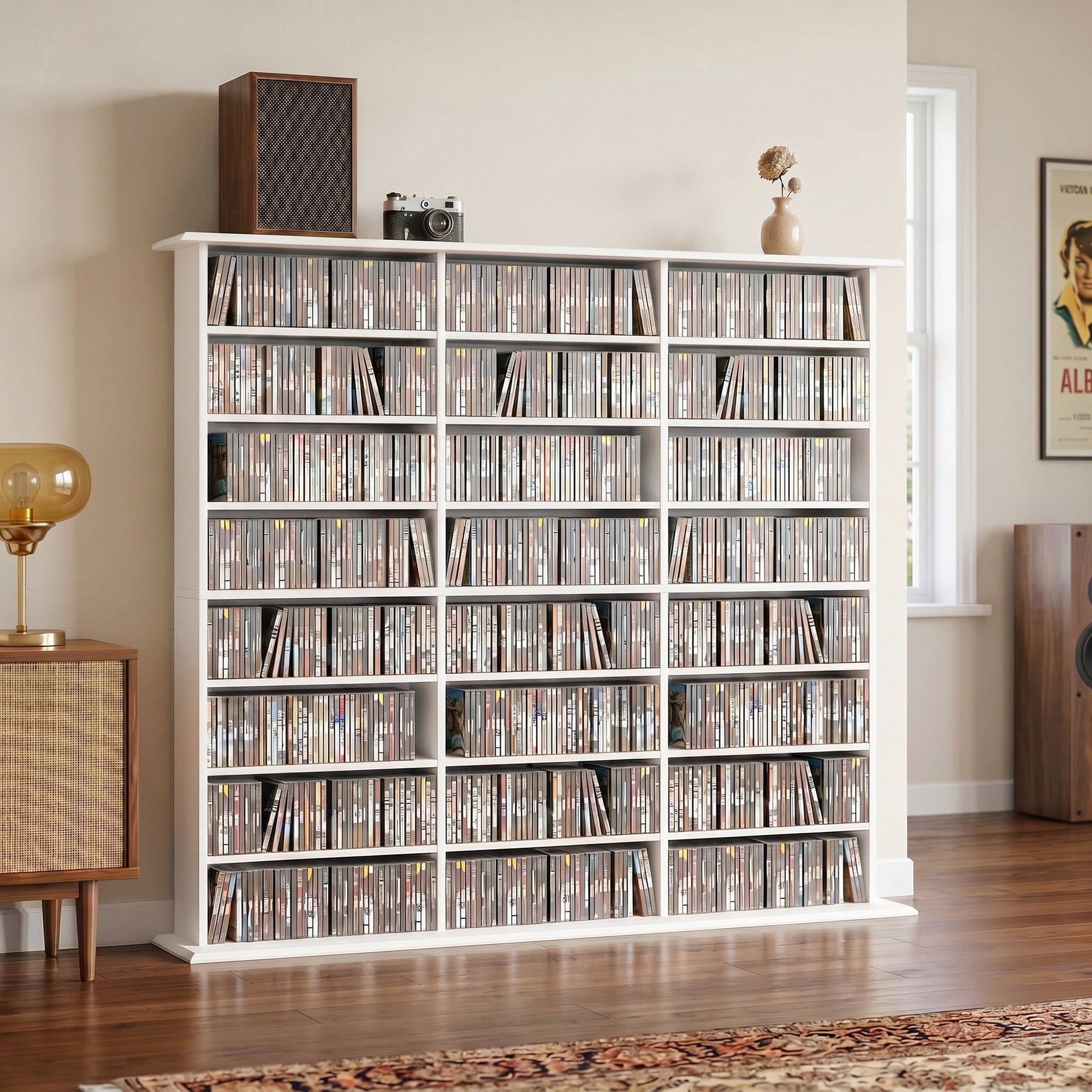 1032 CD/594 DVD Storage Unit, Blu-ray Media Storage Shelf with 24 Compartments and 18 Adjustable Shelves, White
