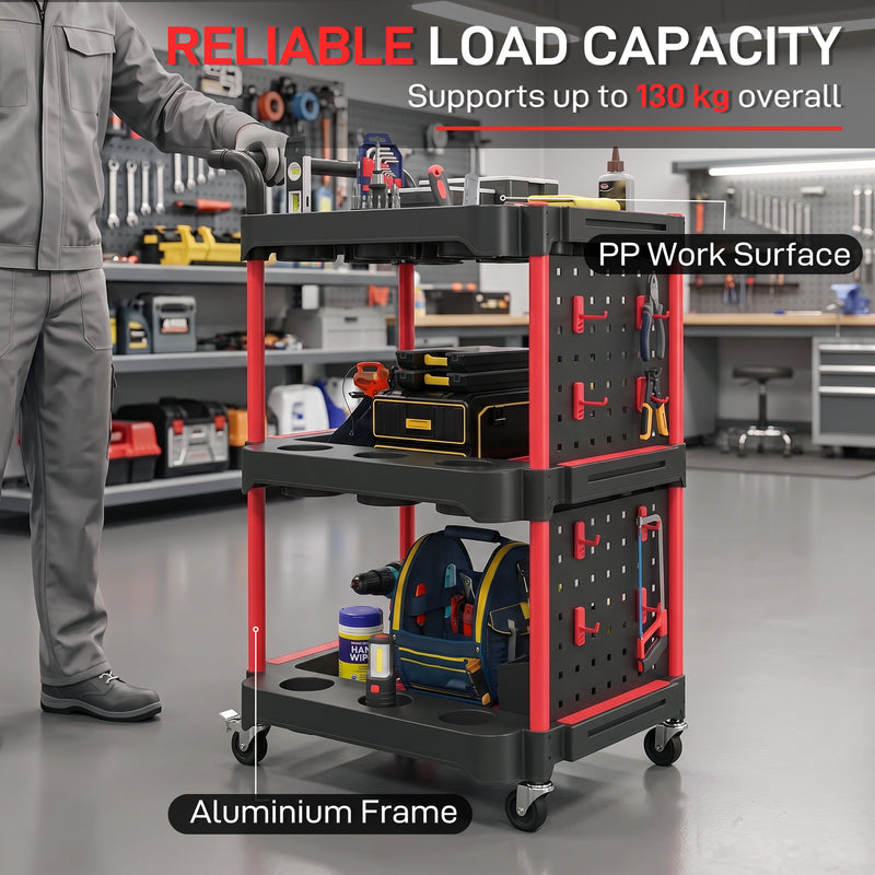 3-Tier Rolling Tool Trolley with Pegboard, Hooks & Brakes – Black/Red – image 6 of 9