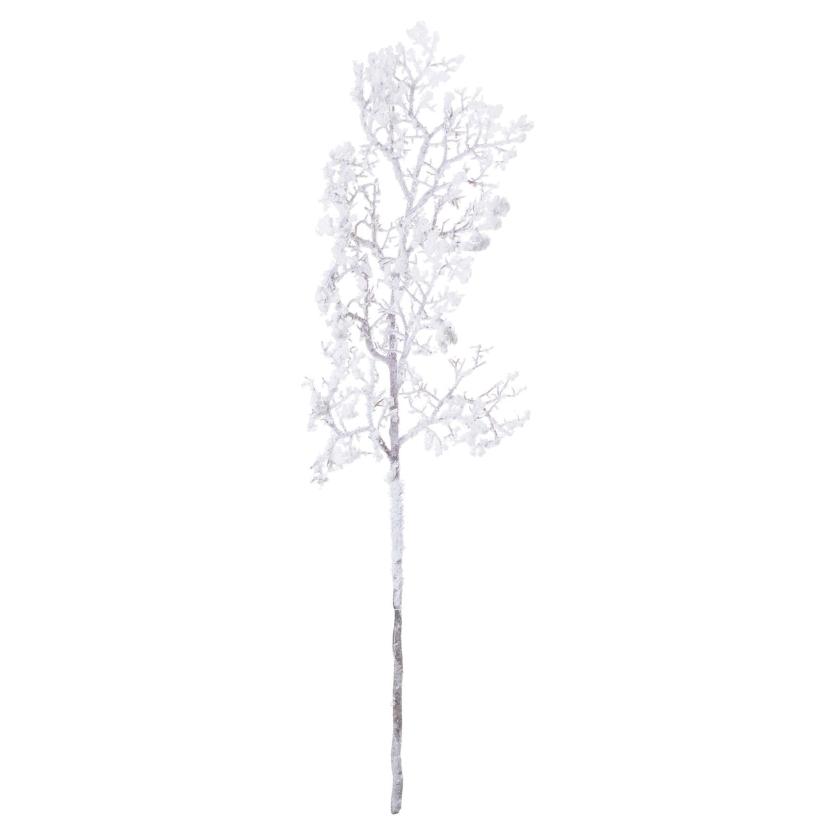 Single artificial snowy branch on white
