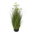 Artificial white allium plant in a black pot
