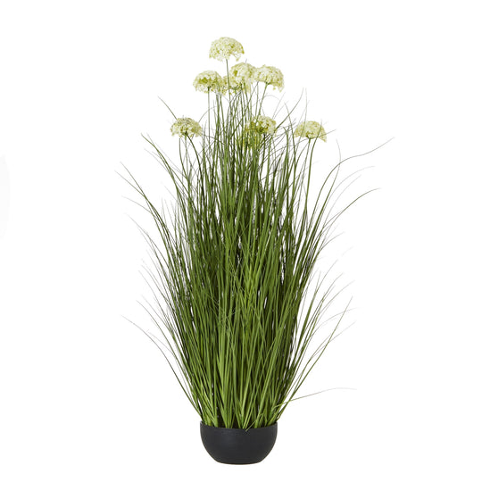 Artificial white allium plant in a black pot