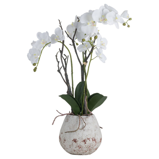 Artificial white orchid in a rustic white stoneware pot