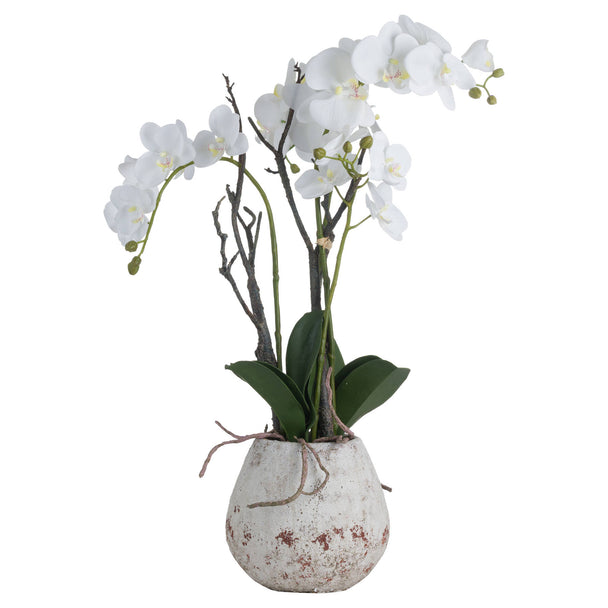 Artificial white orchid in a rustic white stoneware pot