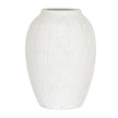 Ashen matte white textured ceramic tall vase, front view