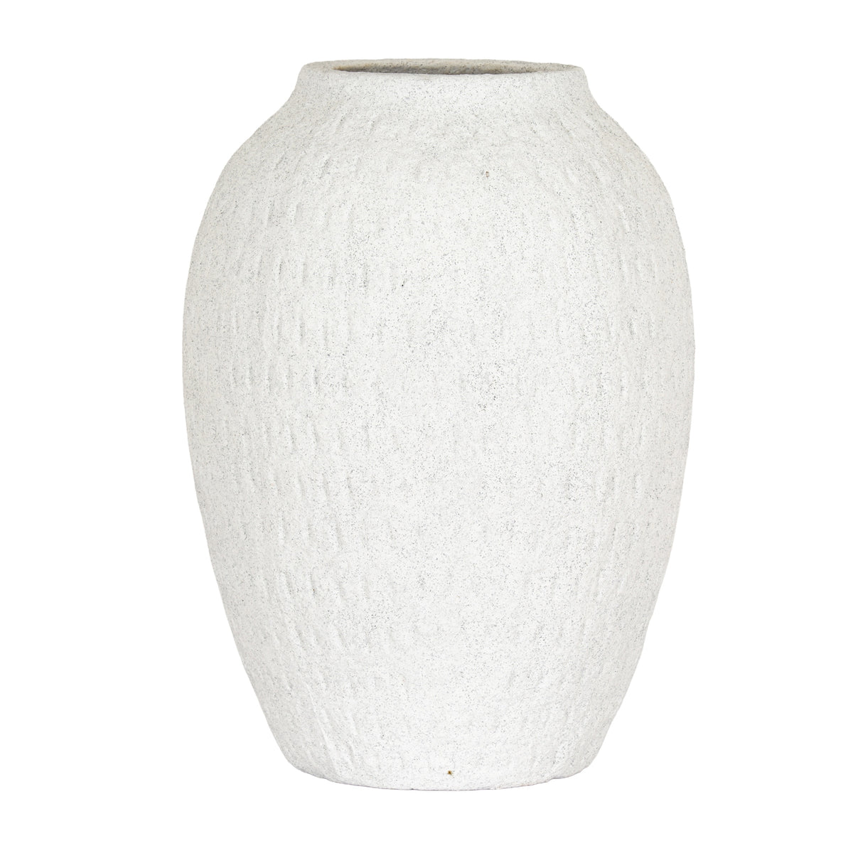 Ashen matte white textured ceramic tall vase, front view