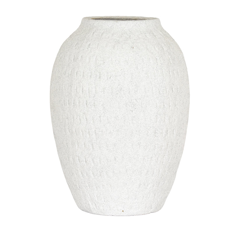 Ashen matte white textured ceramic tall vase, front view
