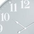 Close-up of the white numerals and hands on the grey face
