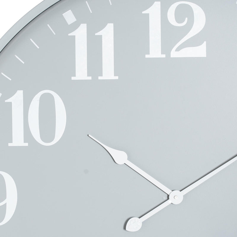 Close-up of the white numerals and hands on the grey face