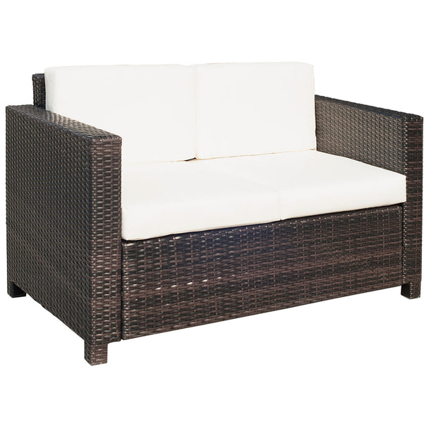 Mixed brown 2-seater rattan garden sofa with cream white padded cushions