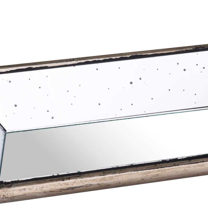 Close-up of the distressed mirror and wooden edge