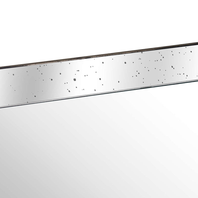 Astor Large Distressed Mirrored Tray with Wood Trim – 80cm, close-up of the distressed mirror edge