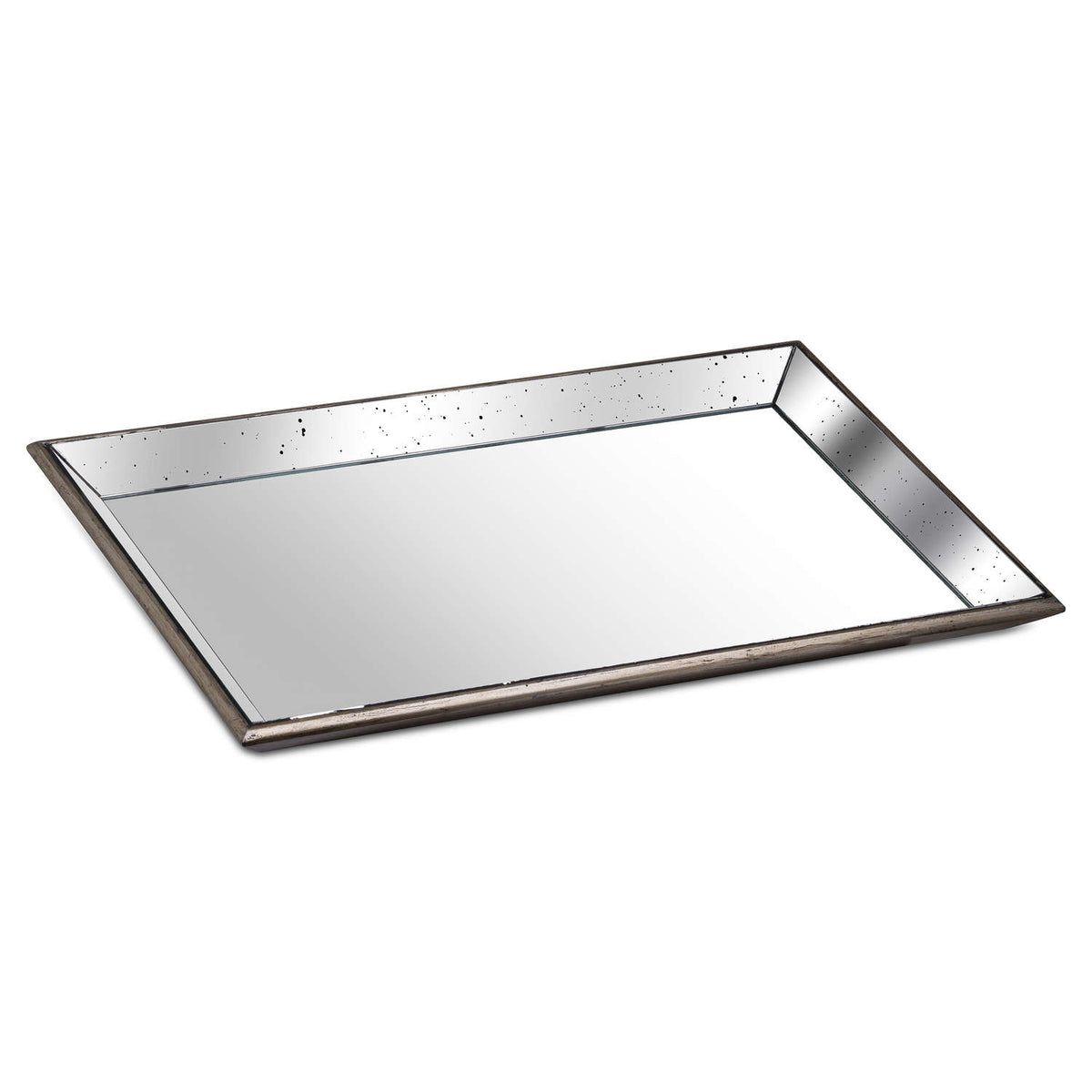 Astor Large Distressed Mirrored Tray with Wood Trim – 80cm, large mirrored tray on a white background