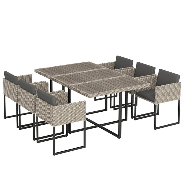 Outsunny 7 Piece Rattan Garden Furniture Set, Garden Dining Set with Wood-Plastic Table and 6 Stackable Chairs, Light