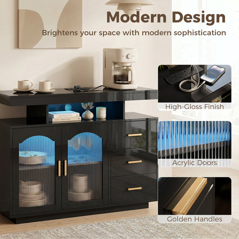 HOMCOM High Gloss Sideboard with LED Lights, Built-in Power Outlets, 3 Drawers, Shelves and 2 Acrylic Doors, Black – view 5