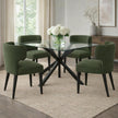 Avia moss green chairs around a round glass dining table