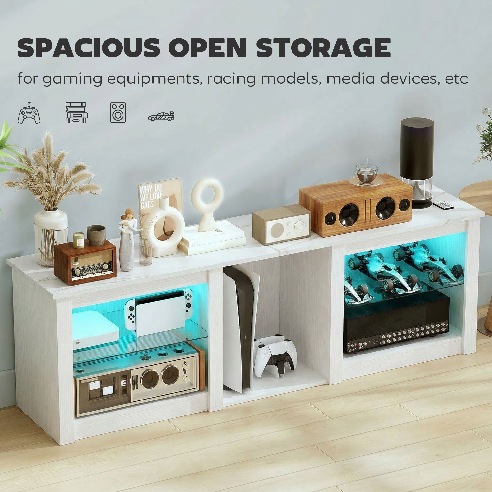 70in TV Stand, with LED Lights and Storage - White