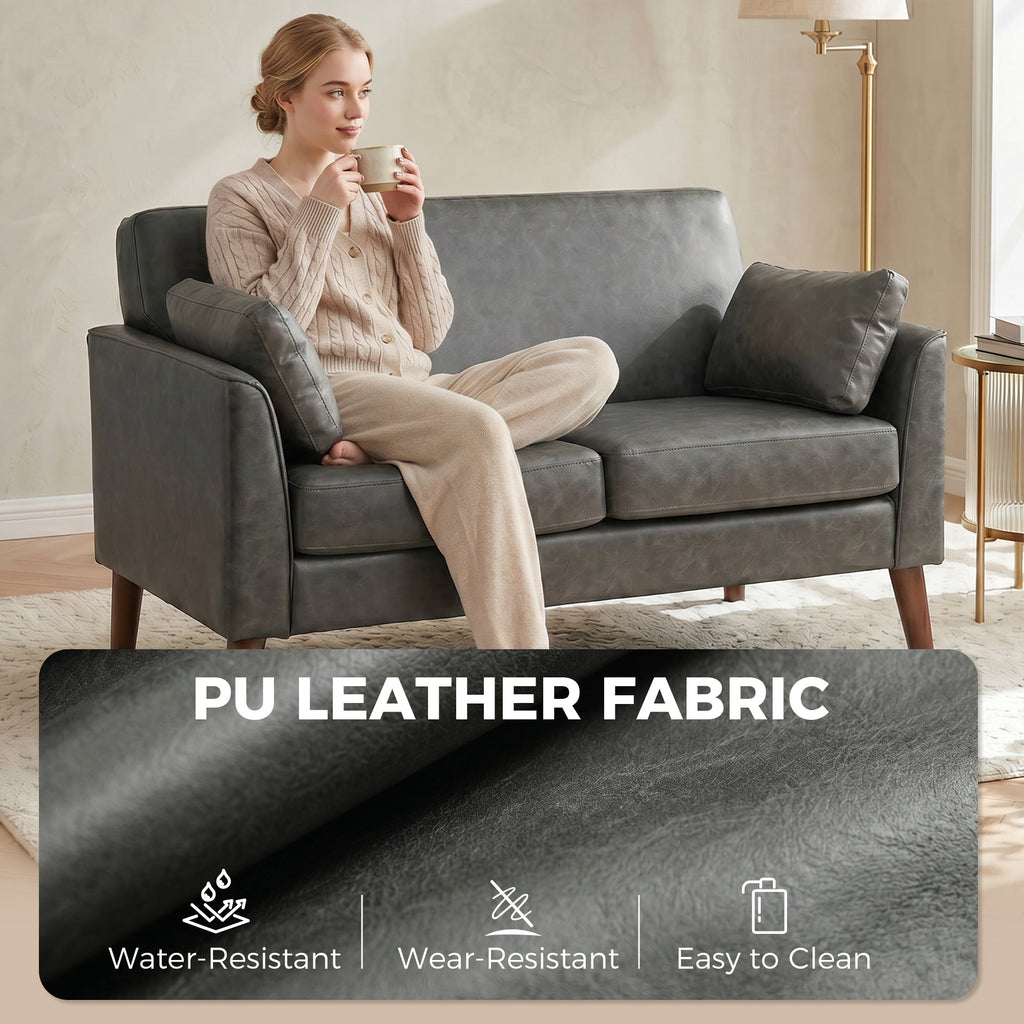 2 Seater Sofa, 132 cm Modern Small Sofa with Solid Wood Legs and 2 Pillows for Small Space, Grey